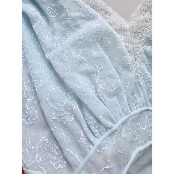 Vintage 60's LUXITE Light Blue Nylon Embroidered Mesh Plunge Slip Dress, Size 34 - Picture 7 of 12